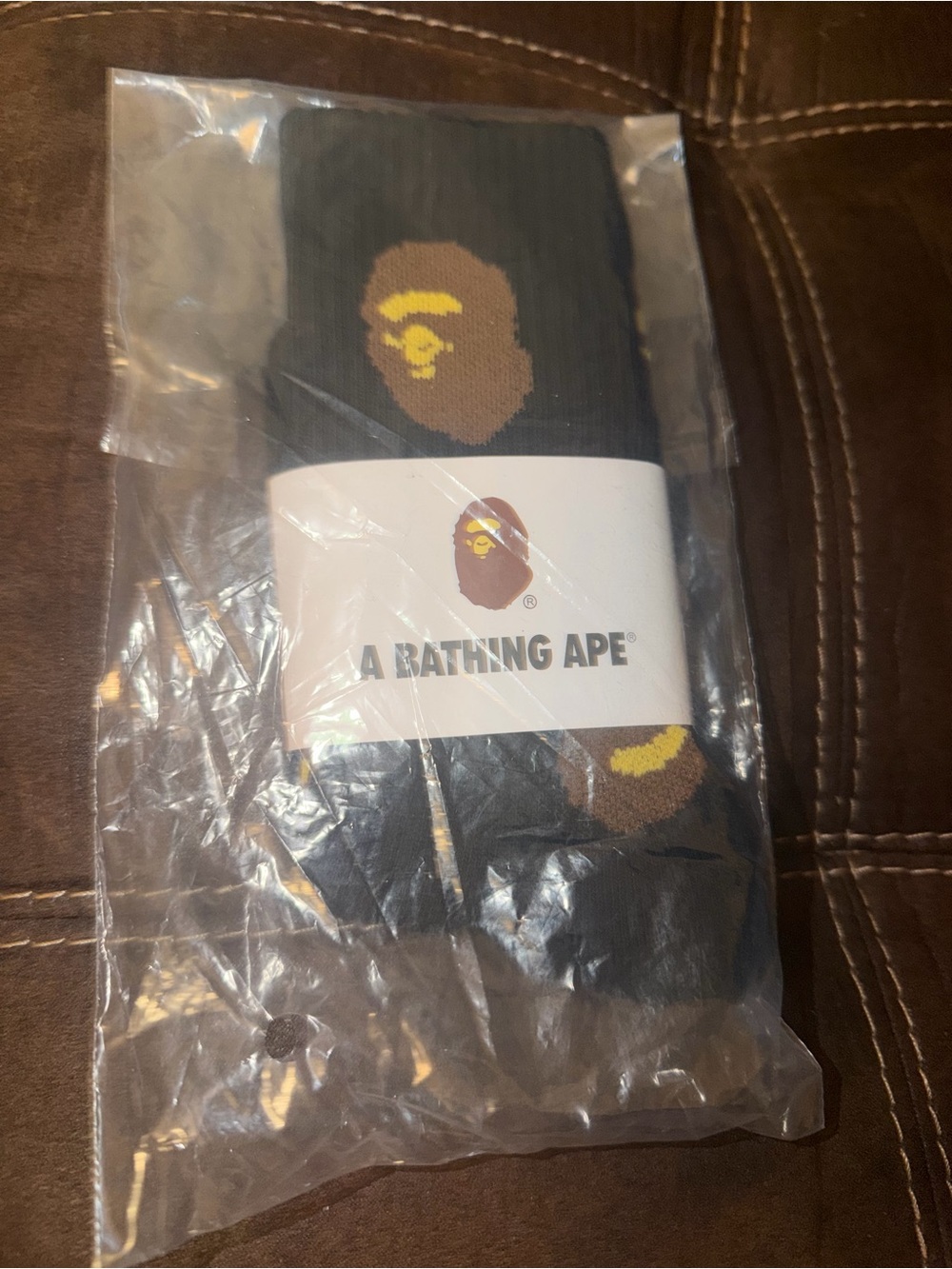 Bape Black Crew Socks with Brown and Yellow Ape Head